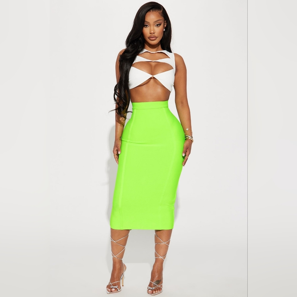 Fashion Nova CARDI Neon Green Bandage Midi Pencil Skirt